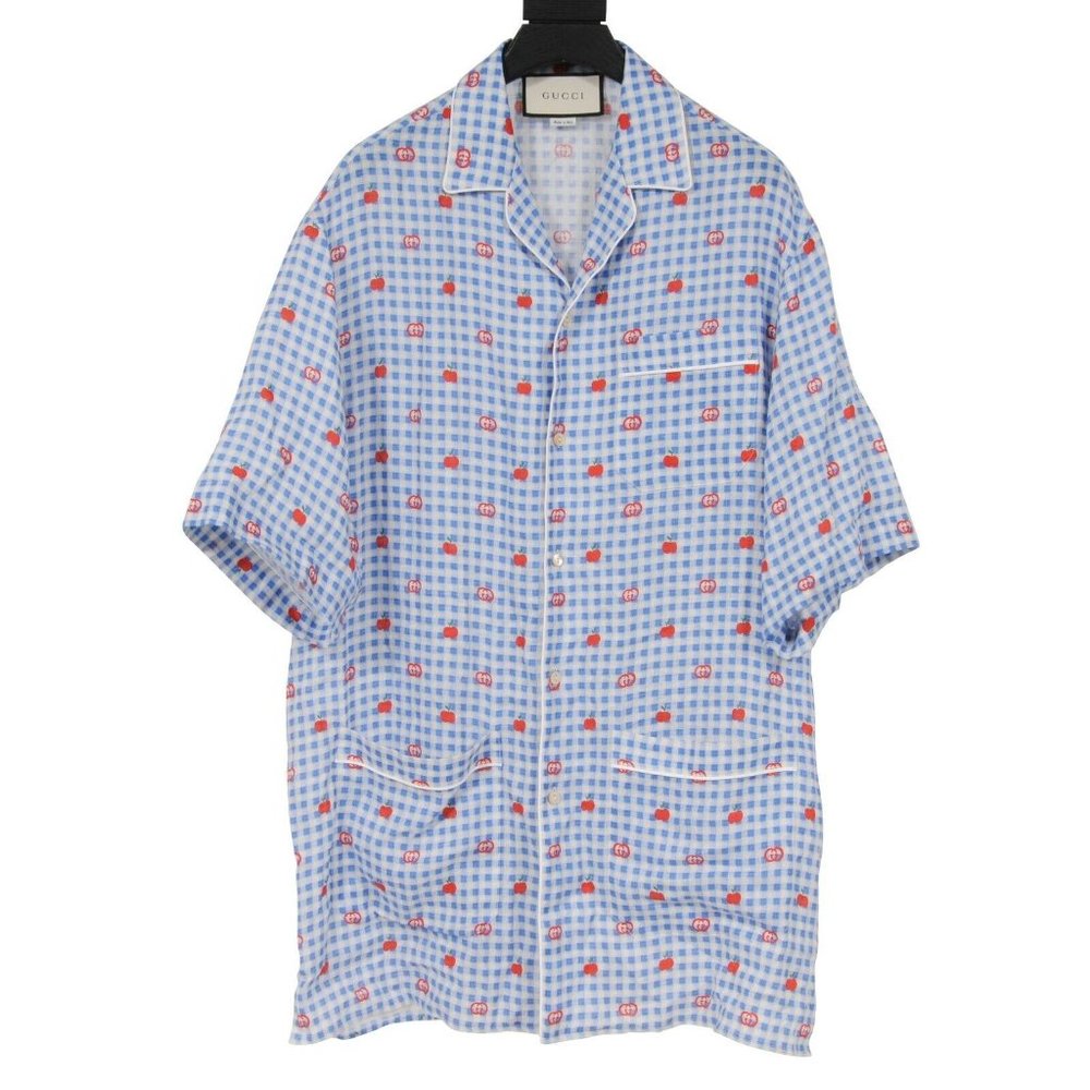 Gucci Men Pyjama Shirt Medium IT 46 Gingham Blue Red GG Logo Bowling Button Down